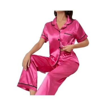 Imagem de Conjuntos De Pijamas De Seda Para Mulheres Com Camisa De Manga Curta E