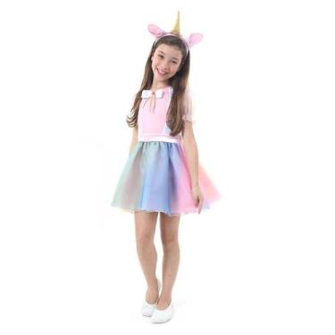Imagem de Fantasia Vestido de Unicórnio Infantil Feminino Tiara Com Orelha e Chi