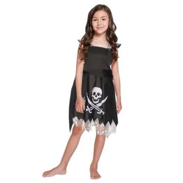 Imagem de Fantasia Infantil Pirata Feminina Vestido Preto de Luxo com Caveira - 