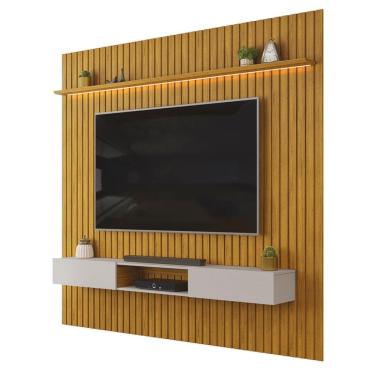 Imagem de Painel Trento Para TV com Bancada 250 Ripado Cedro bali  com Led- Dj Móveis