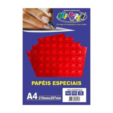 Imagem de Papel Holográfico A4 120g Vermelho c/ Coração 1 folha Off Paper