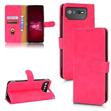 Imagem de Capa flip capa carteira para Asus ROG Phone 6 Case, capa de telefone flip capa de telefone PU capa de telefone com suporte para cartão de crédito alça de pulso capa protetora à prova de choque capa traseira do telefone (cor: rosa vermelha)