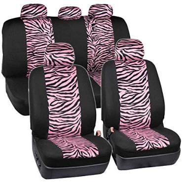 Imagem de CarXS Capa de assento de carro com estampa de animais de veludo, conjunto completo - Impressão de zebra rosa em dois tons em preto com almofadas de cinto de segurança combinando e capa para volante