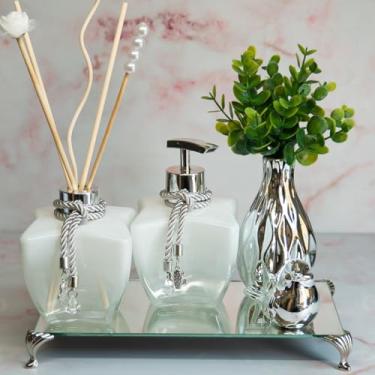 Imagem de Kit Para Lavabo Jogo Para Banheiro Difusor + Saboneteira + Bandeja Espelho + Enfeite Porcelana Luxo- K292Prata Coleção Chinesa