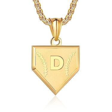 Imagem de Colar com inicial A-Z para meninos, aço inoxidável, com pingente de escudo de letras, corrente de 52 + 5 cm inspiradora de beisebol, joia de presente para homens, Ouro, Sem Pedra Preciosa