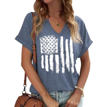 Imagem de Camiseta feminina patriótica com gola V e estampa da bandeira americana Faith Family Freedom Letter Casual manga curta, A-blue-1, G