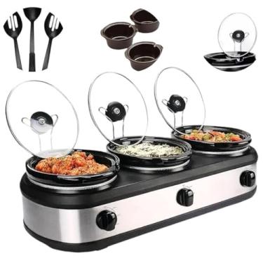 Imagem de Rechaud Elétrico Triplo Buffet Slow Cooker em Aço Inox Prateado 220v com 3 Panelas Cubas de Cerâmica com Tampas de Vidro Temperado - Para Servir na Cozinha Festas Eventos Caldos Sopas Pratos Quentes