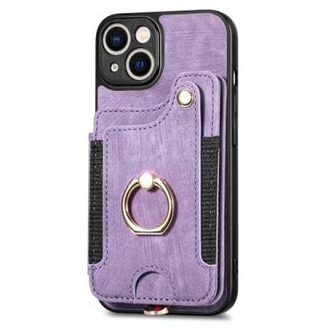 Imagem de LTLMYDAM Capa de couro para iPhone 16 Pro Max/16 Pro/16 Plus/16, capa fosca com compartimento para cartão, capa de anel fino, suporte para sucção magnética de veículos, roxa, 16