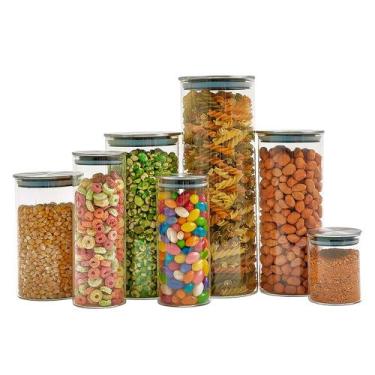 Imagem de Kit 7 potes de vidro com tampa inox hermético redondo - Tud, U, INOX
