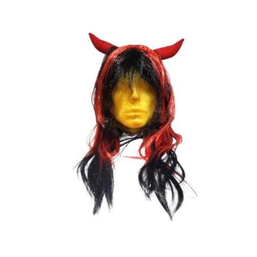 Imagem de Peruca de Diabinha Com Chifres Ondulada  preto c/ vermelho - Genérica