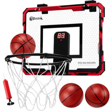 Imagem de Cesta de basquete para ambientes internos com 3 bolas, basquete interno para pontuação de porta, cesta de basquete para crianças e adultos (vermelho-preto + balcão)