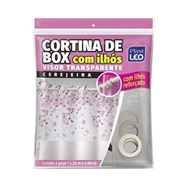 Imagem de PlastLeo Cortina para Box com Ilhós - Visor Cerejeira (1,35x2,00m) | Plast Leo (Ref.: 640-C), Visor retangular estampa Cerejeira e saia branca.