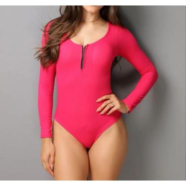 Imagem de Body feminino canelado manga longa zíper com bojo fashion - Filó Modas