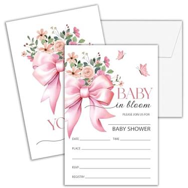 Imagem de Convites de chá de bebê Cashes para menina, 25 convites de chá de bebê com laço rosa frente e verso, flores silvestres, decorações de festa - D09