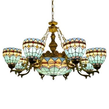 Imagem de VirtueKing Lustre Estilo Tiffany Azul Com 8 + 1 Luzes, Lustre Pendente Tiffany De Vidro Colorido, 37" De Largura, Luminária Para Sala De Jantar, Sala De Estar, Luminárias Suspensas De Teto Com Lâmpa