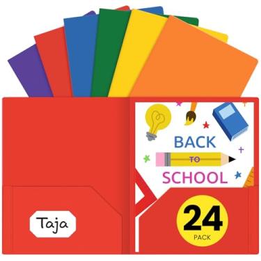 Imagem de Pastas de plástico com bolsos (pacote com 24, cores brilhantes sortidas), 2 pastas de bolso com compartimento para cartão de visita, pastas resistentes que servem para documentos de tamanho carta