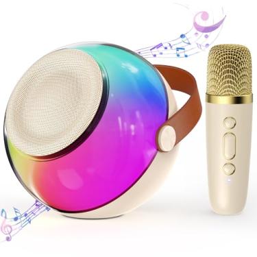 Imagem de JYX Mini Karaokê Infantil, Caixa de Som Bluetooth Portátil com Microfone Sem Fio, Luzes LED Embutidas, Ideal para Exterior, Festas e Presentes,para Meninas e Meninos de 4～12+ Anos (Bege, 1 Microfone)