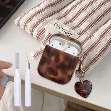 Imagem de XQAGU Capa para AirPods 2ª/1ª geração com kit de limpeza, casco de tartaruga, fofo, marrom, leopardo, estética descolada, à prova de choque para Airpod, capa Love Keychain-âmbar