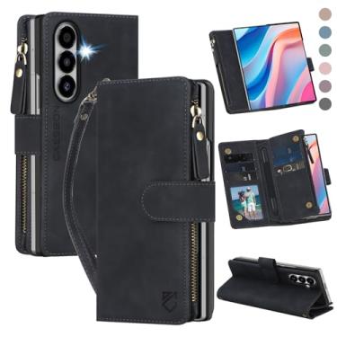 Imagem de CAESBON Capa carteira para Samsung Galaxy-Z-Fold-7: com compartimentos para cartão com bloqueio RFID (6 cartões) e suporte oculto para caneta S | Capa protetora para celular de couro PU macio com
