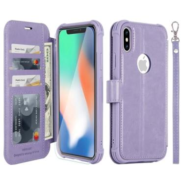 Imagem de VANAVAGY Capa carteira compatível com iPhone X/iPhone Xs/iPhone 10, capa flip de couro RFID com suporte de pulso para carregamento sem fio com suporte para cartão e protetor de tela de vidro, cravo