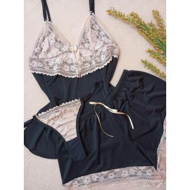 Imagem de Pijama liganete com renda 3 peças - EstherDassa, Nude com preto, P