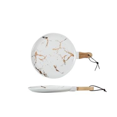 Imagem de Prato de bife de personalidade simples com cabo de cerâmica, prato de mármore, restaurante à mão, trompete branco