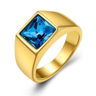 Imagem de KeyStyle Anéis de pedra preciosa quadrada para homens, anel rosa de aço inoxidável personalizado com topázio azul ônix preto anel de declaração de pedra do mês de nascimento, 11, Aço inoxidável Aço