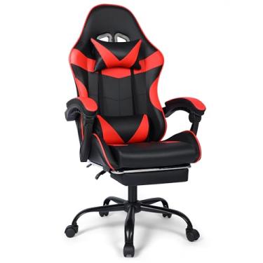 Imagem de Cadeira ergonômica para jogos com apoio para os pés: reclinável de 90°-155°, altura ajustável, encosto de cabeça destacável e lombar, base de aço reforçado com rodízios silenciosos de 360° (preto
