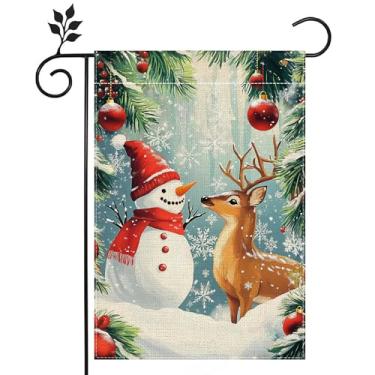 Imagem de Bandeira de jardim de boneco de neve de inverno para exterior de rena de Natal floco de neve bandeira de quintal de boas-vindas 30 x 46 cm serapilheira dupla face bandeira de férias casa de fazenda