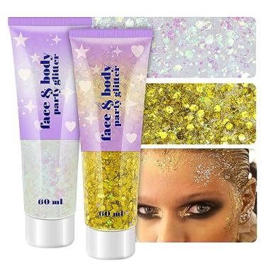 Imagem de Gel holográfico com glitter facial, maquiagem com brilho corporal de 120 ml, para cabelo, rosto, braço, unha, sombra, 2 frascos de lantejoulas iridescentes à prova d'água de longa duração com glitter