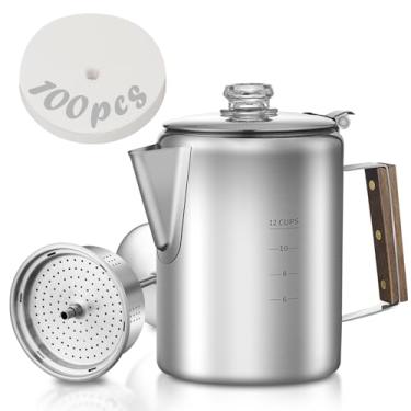 Imagem de Cafeteira com 100 filtros de café – 12 xícaras | Material de aço inoxidável durável para acampamento | Faça café no fogo, grelha ou fogão | Ideal para casa, acampamento