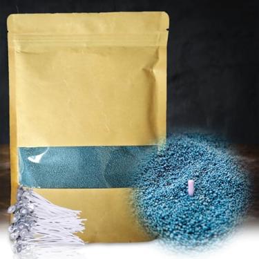 Imagem de DRMAISON Kit DIY de cera de vela perolada e areia – 1000 g, azul pavão, não tóxico e livre de fumaça, recarregável com 60 pavios, chama de longa duração, altamente personalizável para decoração de