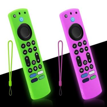 Imagem de Capa para controle remoto Insignia Streaming Stick TV, capa protetora de silicone antiderrapante com cordão, GITD, verde brilhante + roxo brilhante, pacote com 2