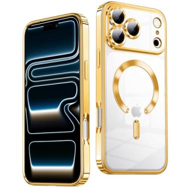 Imagem de TOBOVON Capa fina fina para iPhone 17 Pro, transparente, compatível com MagSafe, protetor de lente de câmera integrado, capa protetora à prova de choque, capa magnética galvanizada macia, dourada