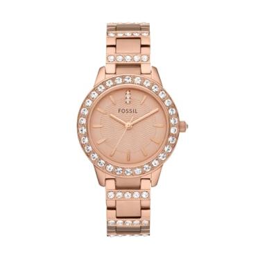 Imagem de Fossil Relógio feminino Jesse com detalhes de cristal e pulseira de aço inoxidável autoajustável, Ouro rosa, Standard, Relógio de quartzo