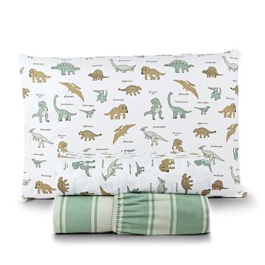Imagem de Jogo de Cama Lençol Lutti Solteiro Infantil 200 Fios Estampado 3 Peças Dinossauro Verde