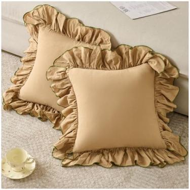 Imagem de Zealax Capas de almofada caqui lindas com babados 45,7 x 45,7 cm, fronhas decorativas de algodão lavado, vintage, capa de almofada para cama, sofá, sala de estar, decoração de fazenda, conjunto de 2