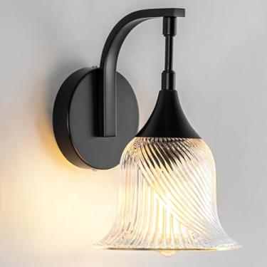 Imagem de FIYUEOYI Arandela de parede preta de 1 luz, arandela moderna para banheiro com sombra de vidro texturizado, arandela de parede com fio para sala de estar, corredor, quarto, cozinha (E26