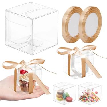 Imagem de giteo bedding 100 caixas de bolo transparentes com 2 fitas douradas de 2,2 m L, recipiente quadrado para bolo, caixas de presente transparentes para lembrancinhas, aniversário, casamento, chá de bebê