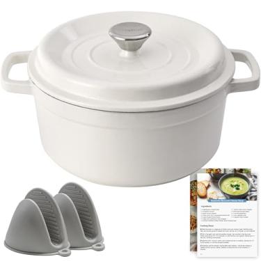 Imagem de Greatrue Forno holandês de ferro fundido esmaltado - conjunto de panelas de 5 litros com tampa - Utensílios de cozinha projetados profissionalmente para estufar, refogar, assar e assar pão (branco)