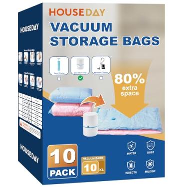 Imagem de HOUSE DAY 10 sacos jumbo com vedação a vácuo para roupas, viagens, 80% de economia de espaço, sacos de vácuo com bomba elétrica, sacos de armazenamento a vácuo para roupas, edredons, cobertores