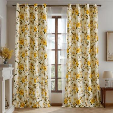 Imagem de Cortinas florais de outono para sala de estar, cortina de veludo de 267 cm, com estampa de flores botânicas extravagantes, modernas, cortinas de janela de quarto de fazenda, amarelas, 2 painéis
