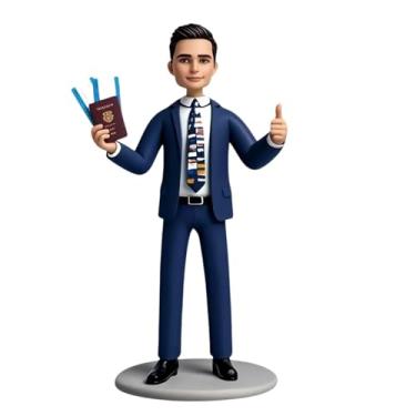 Imagem de Bobblehead personalizado de viagem de negócios em terno azul, caricatura executiva feita à mão com passaporte, presente ideal de Natal e passageiro frequente