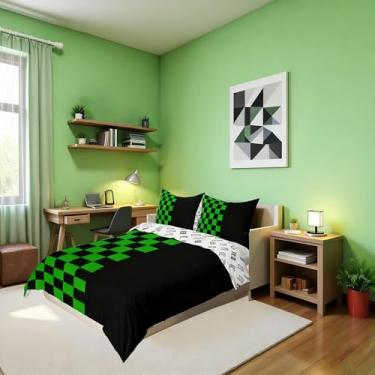 Imagem de Manfei Conjunto de capa de edredom infantil xadrez geométrico, tamanho casal, patchwork, videogame, meninas, meninos, decoração de quarto abstrata, treliça simples, capa de colcha preta e verde, 2