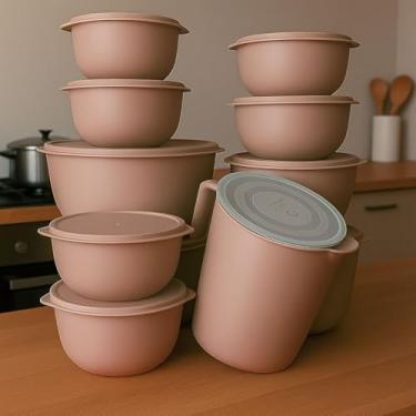 Imagem de Kit Potes 10 Bowl + Jarra Cozinha Saladeira Pote Marmitas Plástico (Bege)