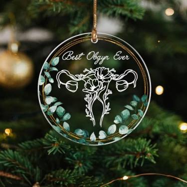 Imagem de Best OBGYN Ever Ornamento 2025, Enfeites florais de colo do útero para árvore de Natal, ideias de agradecimento para Doula parto e parto neonatal NICU Obstetrícia, presentes para obstetra, médico