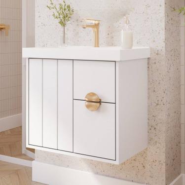 Imagem de Gabinete para Banheiro 60cm com 1 Porta 2 Gavetas e Cuba de Sobrepor Decor Branco