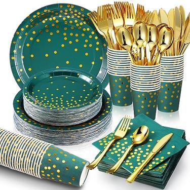Imagem de Sieral 560 peças de suprimentos de festa verde escuro e dourado para 80 convidados, conjuntos de louça descartáveis, pratos de papel verde, guardanapos, copos, garfos de plástico dourado, facas,