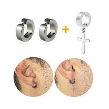 Imagem de Kit Brinco Argola Lisa Básica Prata Pressão com Cruz Masculino Aço Inox-Unissex