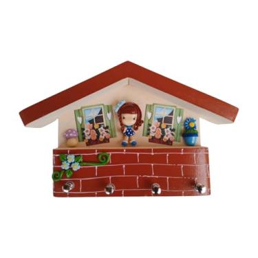Imagem de Porta-Chaves Decorativo Artesanal em Forma de Casa com 4 Ganchos, Decoração com Flores e Cogumelos